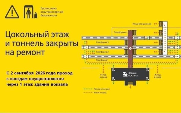 Со 2 сентября изменится схема прохода в здание железнодорожного вокзала Курска и к пассажирским платформам. Это связано с началом ремонта на цокольном этаже здания и в подземном тоннеле, а также с завершением работ на 1 этаже.